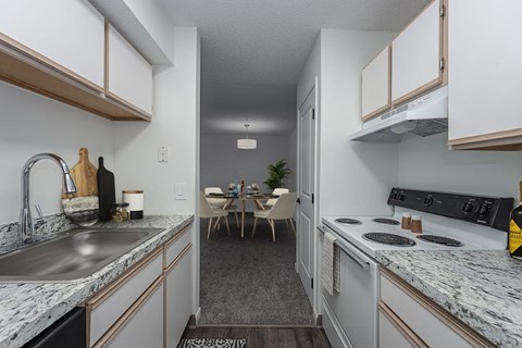 a kitchen with a sink and a stove and a table