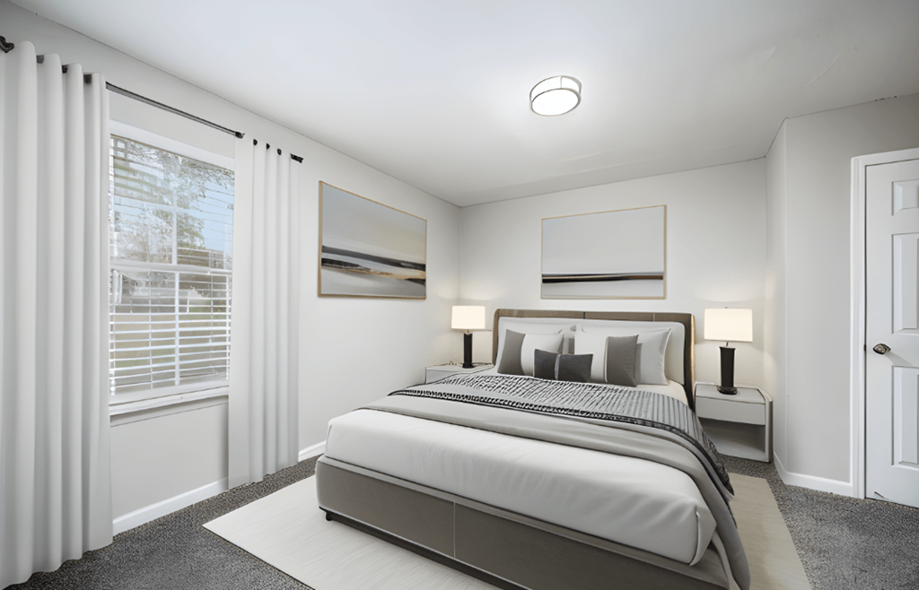 Bedroom with cozy bed at The Berryessa Apartments, Columbus