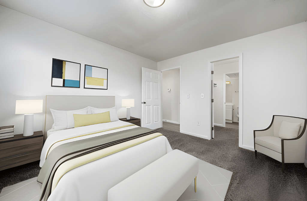Bedroom area with lamps at The Berryessa Apartments, Ohio, 98104