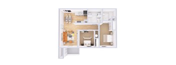 A top-down view of a small apartment with a kitchen, living room, and bedroom.