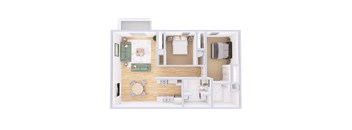 A white floor plan of a small apartment with a kitchen, living room, and bathroom.