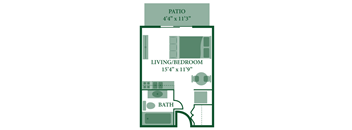 a diagram of a floor plan of a living room with a bathroom and a bedroom