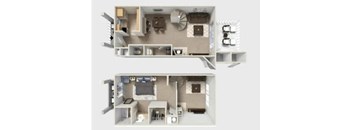 A dollhouse with two floors showing a living room, kitchen, and bedroom.