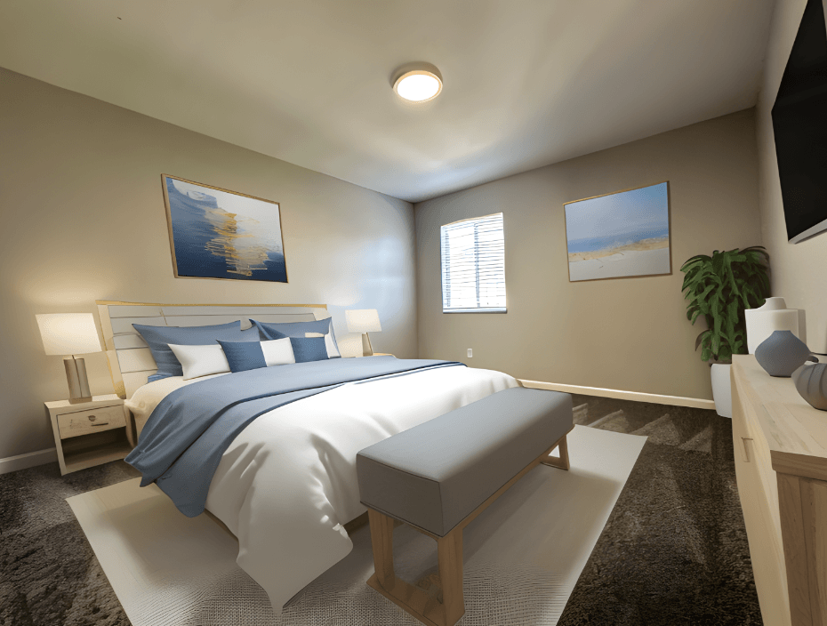 a master bedroom with a bed and a table