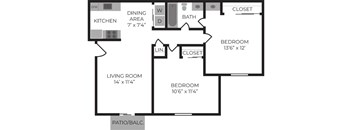 A floor plan of a home with a kitchen, two bedrooms, a living room, a bathroom, and a dining area.