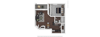 A 3D floor plan of a small apartment with a kitchen, living room, and bedroom.