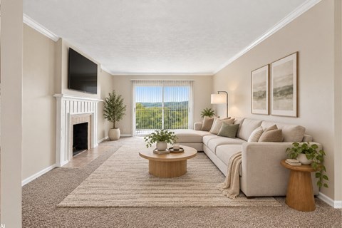 A living room with a fireplace and a couch.
