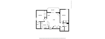 A black and white floor plan of a house with a balcony, two bedrooms, a dining area, a living room, a kitchen, two bathrooms, a laundry area, a pantry, and an entry way.