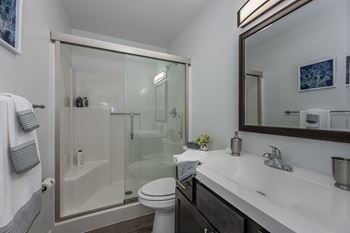 Walk-In Showers With Built-In Bench And Glass Enclosure at The Valley, Cincinnati