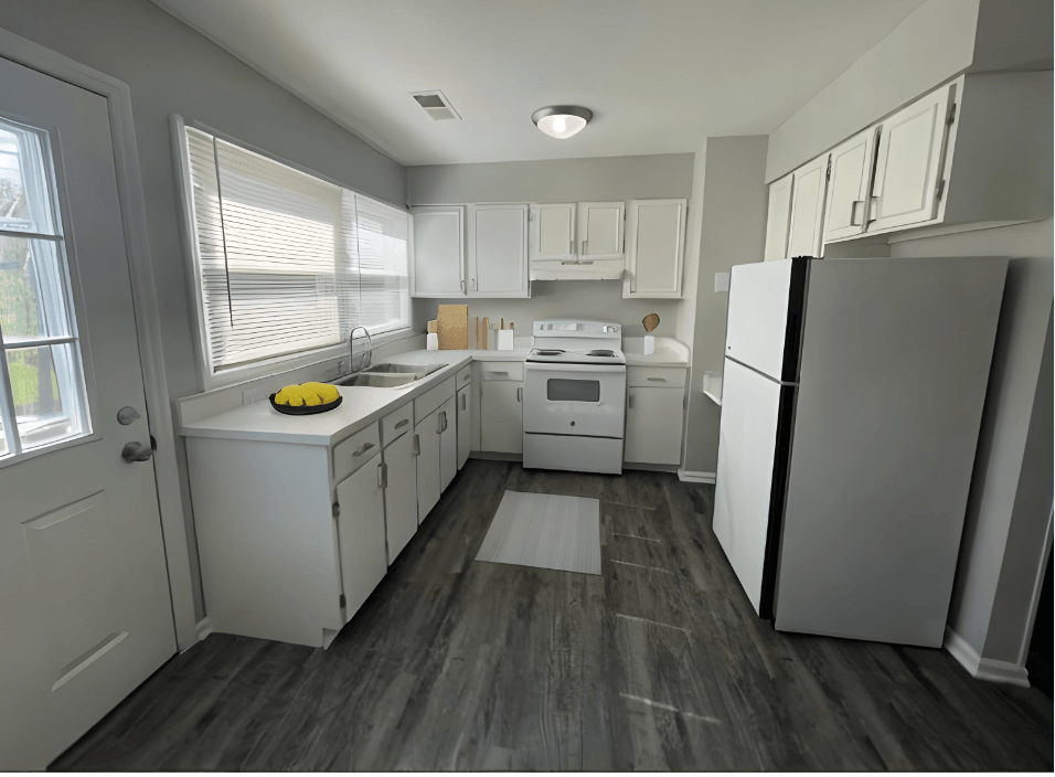 a kitchen with white appliances and white cabinets