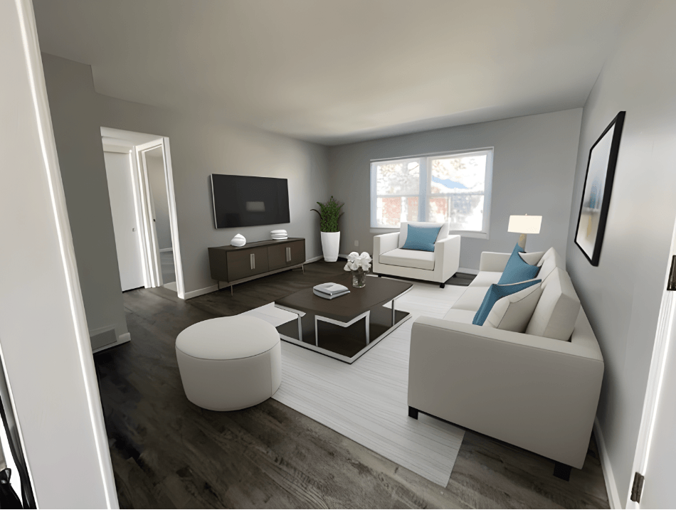 a rendering of a living room with white furniture and a tv