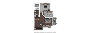 A 3D floor plan of a house with a kitchen, living room, and bathroom.