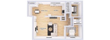 A floor plan of a small apartment with a living room, dining area, kitchen, bathroom, and two closets.