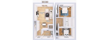 a 3d rendering of a bedroom with a wood floor