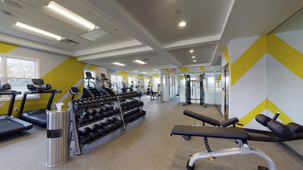 A gym with treadmills, dumbbells, and benches at Rose Hill Apartments, Virginia, 22310