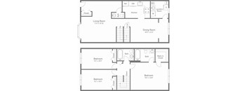 A black and white image of a floor plan for a home with two bedrooms, a living room, a dining room, a kitchen, a laundry room, and a walk-in closet.