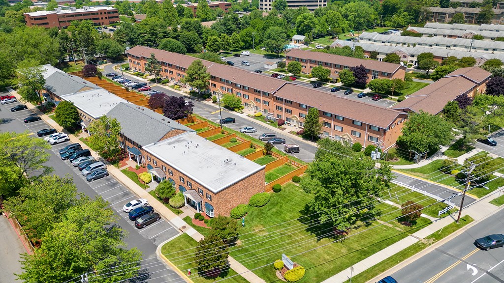 an aerial view of a large building in the middle of a street at Gainsborough Court Apartments, Fairfax, 22030