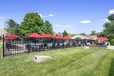 A pool surrounded by red umbrellas and a black fence.
