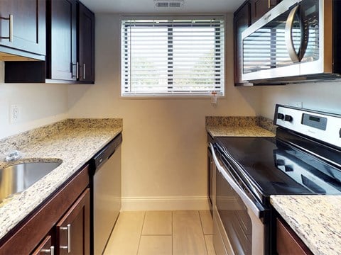 Modern kitchen appliances and view to outdoor area at Rose Hill Apartments, Alexandria, VA
