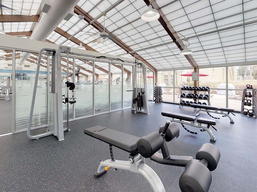 Fitness Center, Weight room, free weights at Stuart Woods Apartments, Herndon VA, 20170