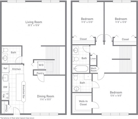 3 Bed 2.5 Bath Floor Plan at Tysons Glen Apartments and Townhomes, Virginia