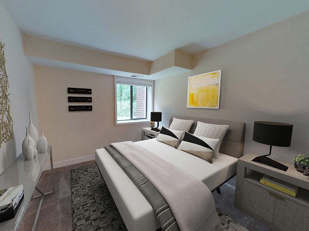 Bedroom interior with contemporary decorations at Tysons Glen Apartments and Townhomes, Virginia