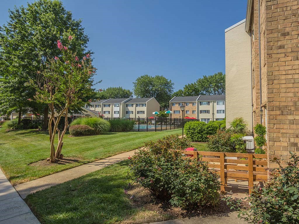 Exterior view of apartment buildings at Tysons Glen Apartments and Townhomes, Falls Church, Virginia