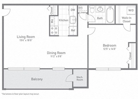 1 bed 1 bath Burke Floor Plan at Gainsborough Court Apartments, Fairfax