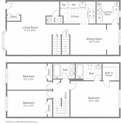 3 bed 2 bath Carlysle Floor Plan at Gainsborough Court Apartments, Fairfax, Virginia