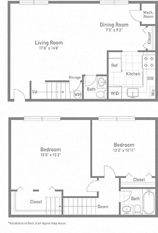 2 bed 1 bath Jefferson Floor Plan at Gainsborough Court Apartments, Fairfax, VA
