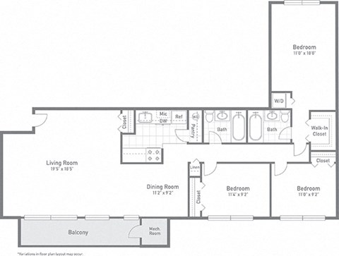 3 bed 2 bath Mt. Vernon Floor Plan at Gainsborough Court Apartments, Fairfax, VA, 22030