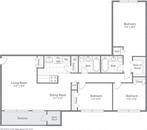 3 bed 2 bath Occoquan Floor Plan at Gainsborough Court Apartments, Virginia, 22030