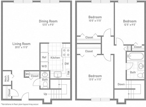3 bed 2 bath Roosevelt Floor Plan at Gainsborough Court Apartments, Fairfax, 22030