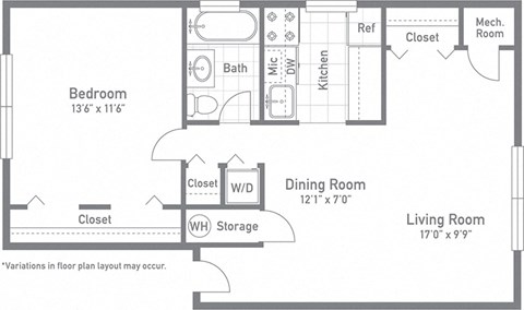 1 bed 1 bath Washington Floor Plan at Gainsborough Court Apartments, Virginia