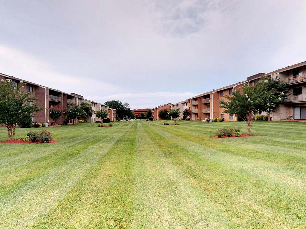 A grassy area in front of apartment buildings at Gainsborough Court Apartments, Fairfax, VA