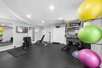A gym with a variety of equipment and exercise balls at Gainsborough Court Apartments, Fairfax, VA, 22030