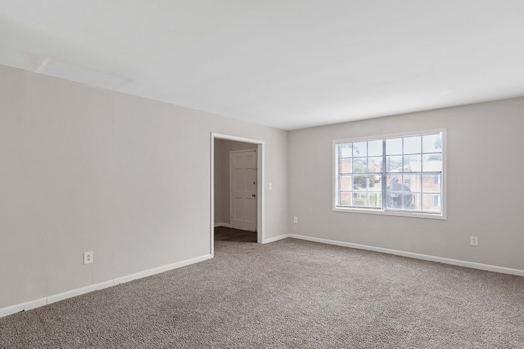 an empty living room with carpet and a window