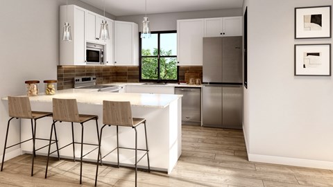 a kitchen with white cabinets and a white island with three stools