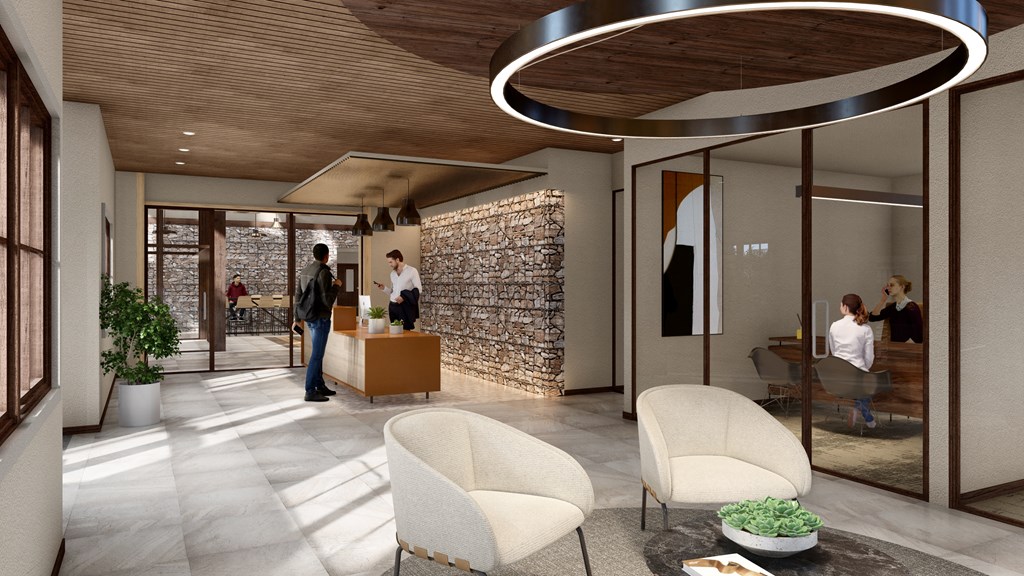 a rendering of a lobby with chairs and a reception desk
