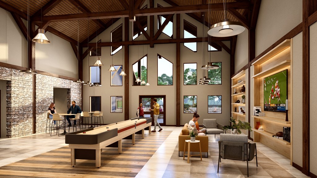 a rendering of the lobby of a building with people in it