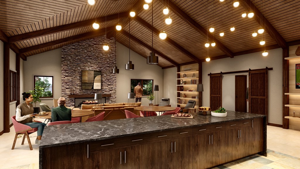 a rendering of a lobby with people sitting at a counter