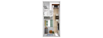 A small apartment with a kitchen, living room, and bathroom.