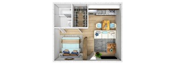 A 3D floor plan of a small apartment with a kitchen, living room, and bathroom.