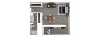 A top down view of a small apartment with a kitchen, living room, and bathroom.
