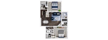 A top-down view of a small apartment layout with a kitchen, living room, and bedroom.