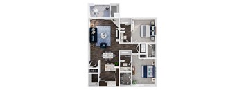 A top-down view of a house layout with a kitchen, living room, and bedrooms.
