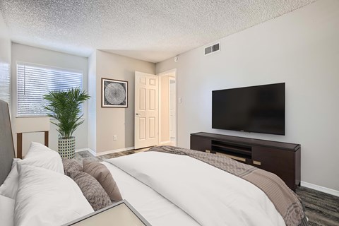 A bedroom with a bed, a television, and a plant.