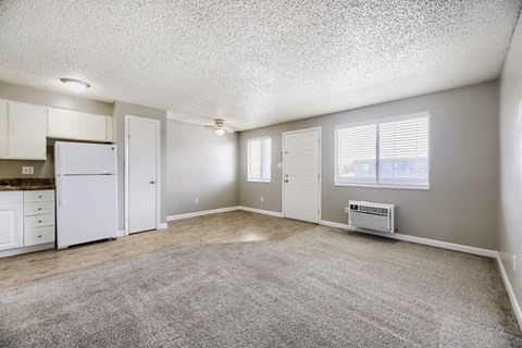 A sparsely furnished living room with a carpeted floor and a window with blinds.