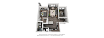 A floor plan of a house with a kitchen, living room, dining room, and two bedrooms.