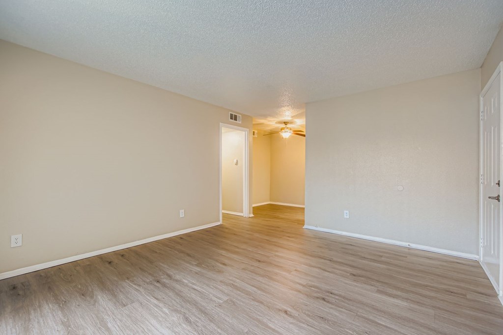 A room with a wooden floor and a white door.